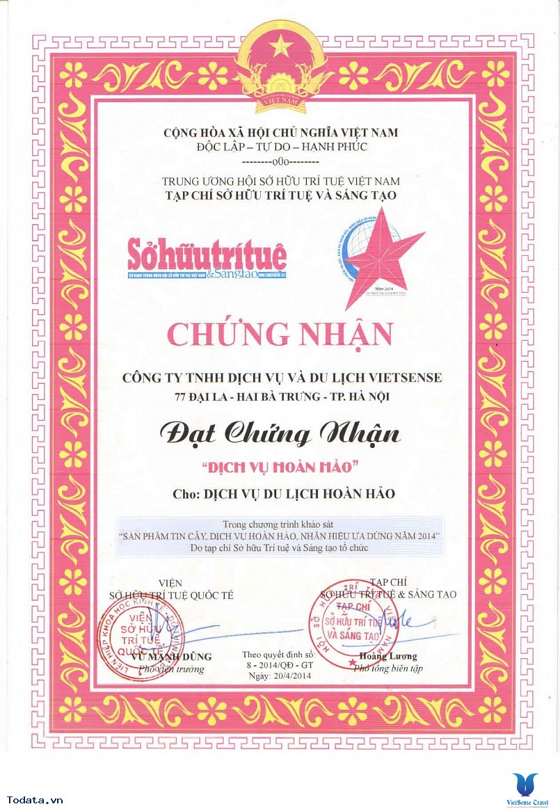 Vietsense Travel đón nhận danh hiệu Dịch vụ Du lịch Hoàn hảo 2014 - Ảnh 1 Vietsense Travel đón nhận danh hiệu Dịch vụ Du lịch Hoàn hảo 2014 - Ảnh 1
