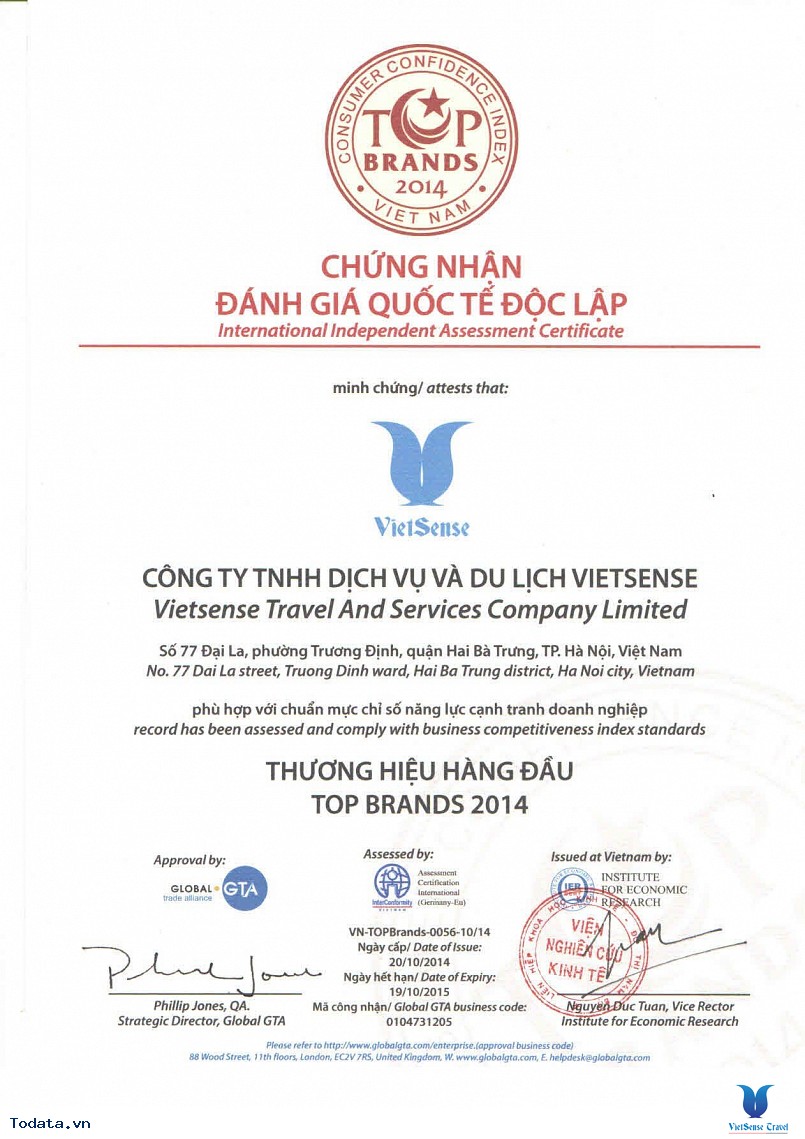 Vietsense Travel được chứng nhận Thương hiệu hàng đầu 2014 - Ảnh 1